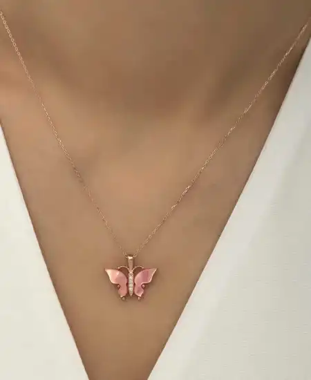 Gümüş Rose Pembe Kaplangözü Taşlı Kelebek Kolye