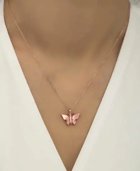 Gümüş Rose Pembe Kaplangözü Taşlı Kelebek Kolye