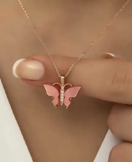 Gümüş Rose Pembe Kaplangözü Taşlı Kelebek Kolye
