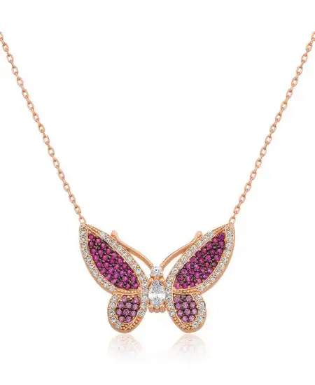 Gümüş Rose Pembe Kelebek Bayan Kolye