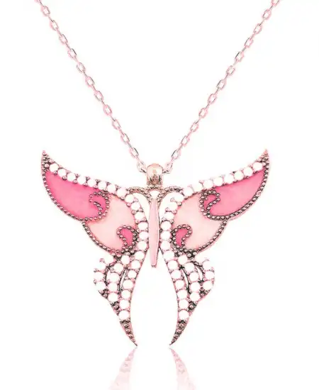 Gümüş Rose Pembe Kelebek Kadın Kolye