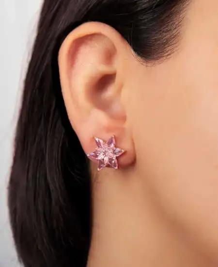 Gümüş Rose Pembe Lotus Çiçeği Çivili Kadın Küpe