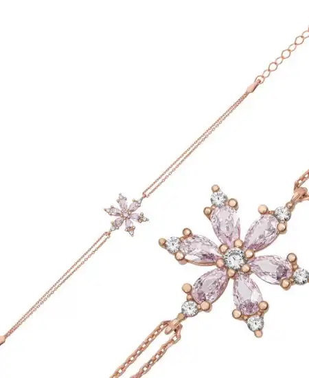 Gümüş Rose Pembe Lotus Çiçeği Kadın Bileklik