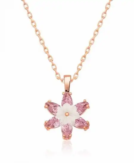 Gümüş Rose Pembe Lotus Çiçeği Kolye