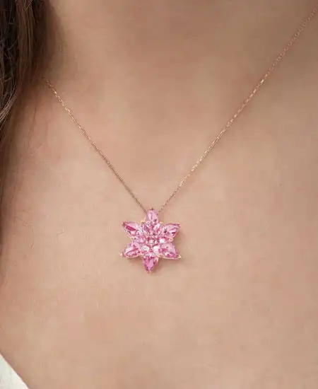 Gümüş Rose Pembe Lotus Çiçeği Kolye