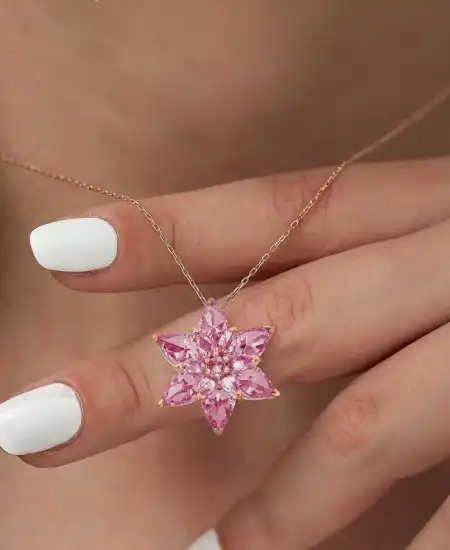 Gümüş Rose Pembe Lotus Çiçeği Kolye