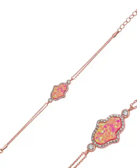 Gümüş Rose Pembe Opal Fatma Ana Eli Bayan Bileklik