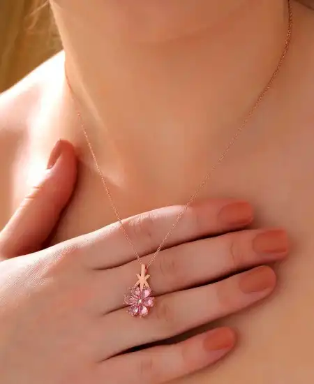 Gümüş Rose Pembe Sevgi Çiçeği Kadın Kolye