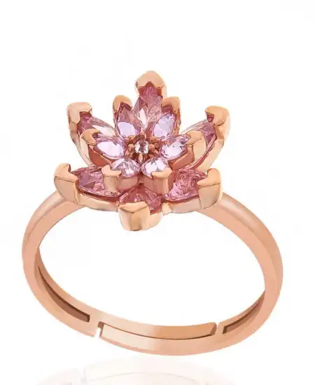 Gümüş Rose Pembe Taşlı Lotus Çiçeği Kadın Yüzük