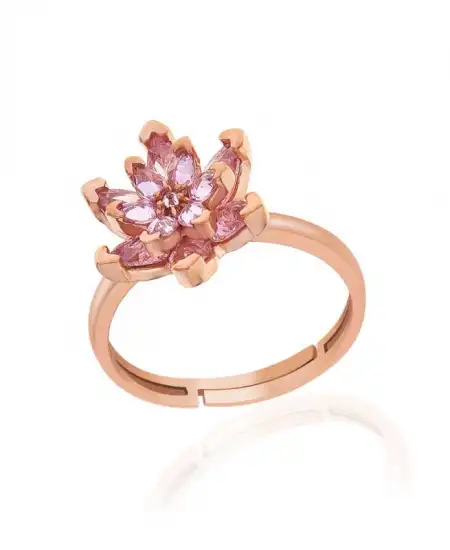 Gümüş Rose Pembe Taşlı Lotus Çiçeği Kadın Yüzük