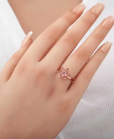 Gümüş Rose Pembe Taşlı Lotus Çiçeği Kadın Yüzük