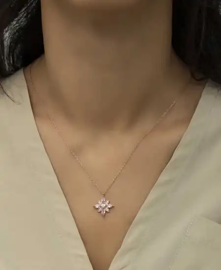 Gümüş Rose Pembe Taşlı Umut Çiçeği Kolye