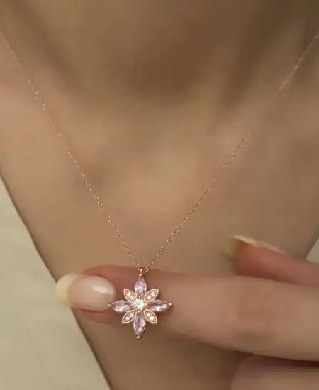 Gümüş Rose Pembe Taşlı Umut Çiçeği Kolye