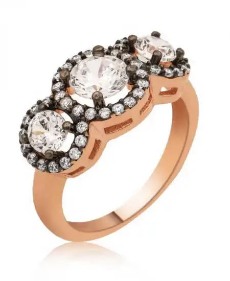 Gümüş Rose Pırlanta Montür 3 Taş Tria Bayan Yüzük