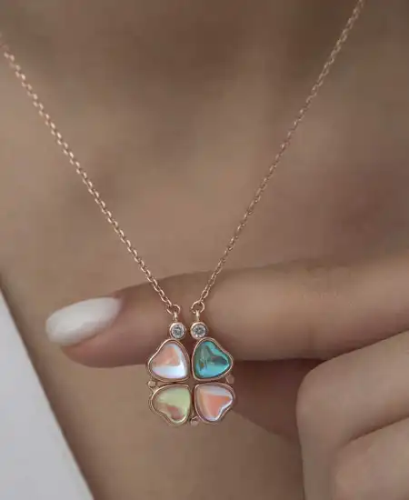 Gümüş Rose Renkli Açılabilen Yonca Kadın Kolye