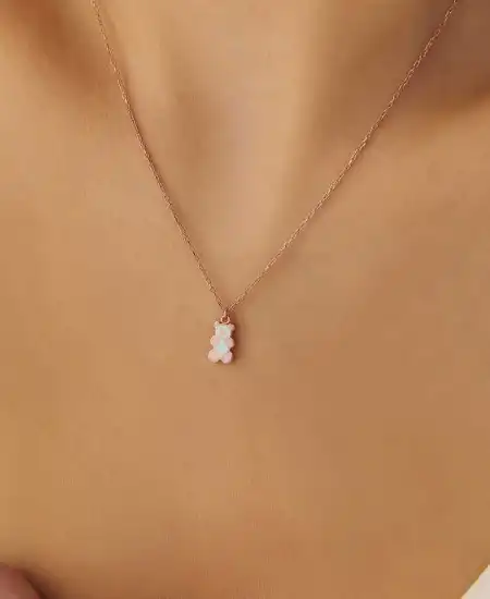 Gümüş Rose Renkli Ayıcık Kadın Kolye