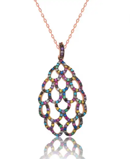 Gümüş Rose Renkli Bayan Kolye