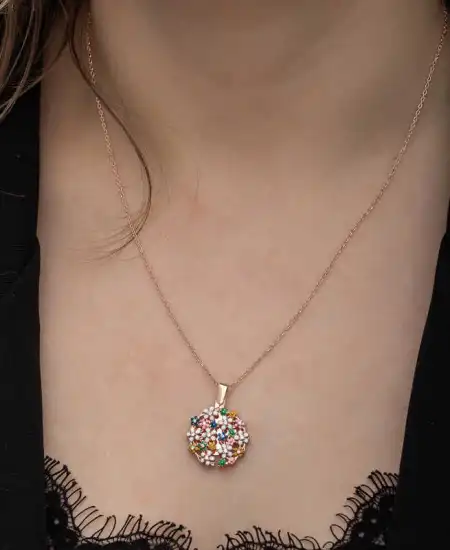 Gümüş Rose Renkli Çiçek Kişiye Özel Kadın Kolye