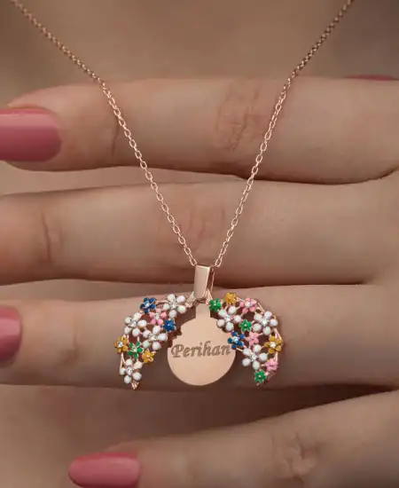 Gümüş Rose Renkli Çiçek Kişiye Özel Kadın Kolye
