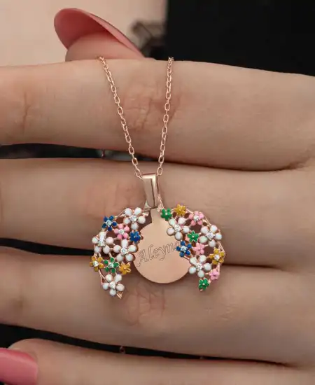 Gümüş Rose Renkli Çiçek Kişiye Özel Kadın Kolye