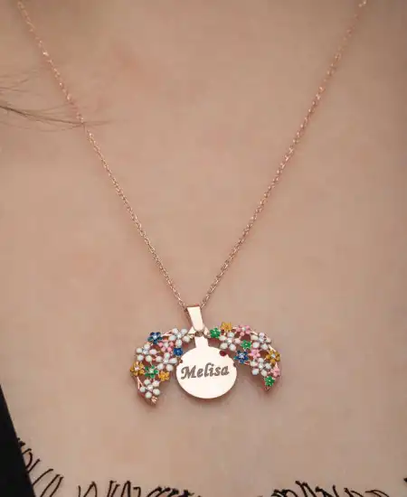 Gümüş Rose Renkli Çiçek Kişiye Özel Kadın Kolye