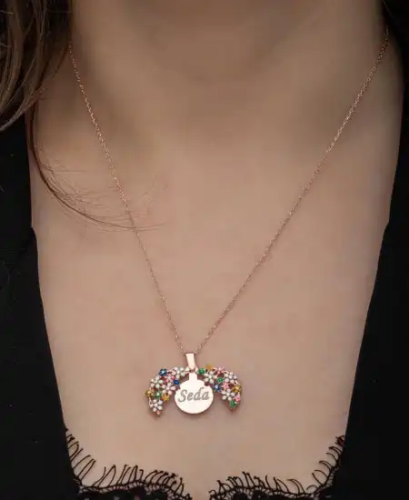 Gümüş Rose Renkli Çiçek Kişiye Özel Kadın Kolye