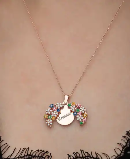 Gümüş Rose Renkli Çiçek Kişiye Özel Kadın Kolye