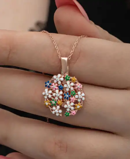 Gümüş Rose Renkli Çiçek Kişiye Özel Kadın Kolye
