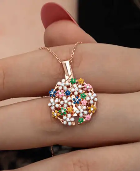 Gümüş Rose Renkli Çiçek Kişiye Özel Kadın Kolye