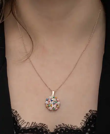 Gümüş Rose Renkli Çiçek Kişiye Özel Kadın Kolye