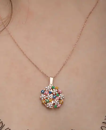 Gümüş Rose Renkli Çiçek Kişiye Özel Kadın Kolye