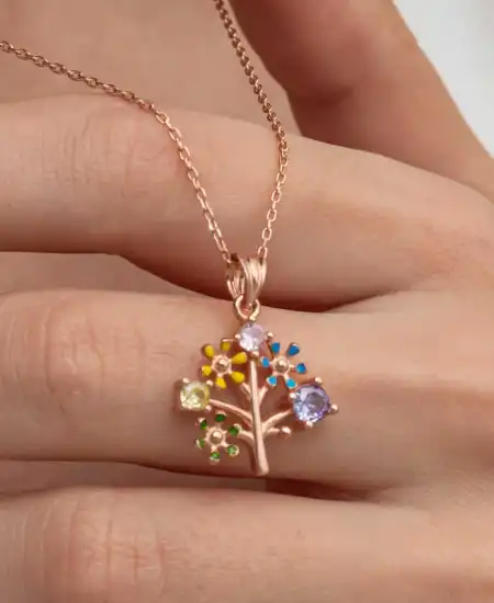 Gümüş Rose Renkli Hayat Ağacı Kadın Kolye