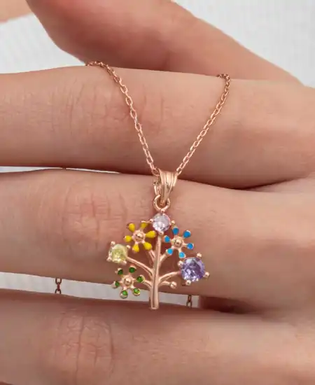 Gümüş Rose Renkli Hayat Ağacı Kadın Kolye