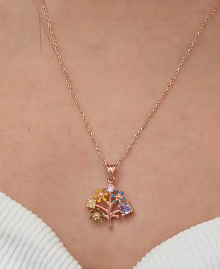 Gümüş Rose Renkli Hayat Ağacı Kadın Kolye