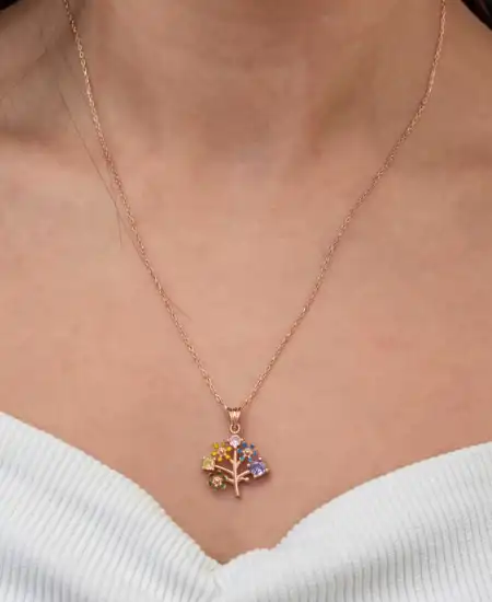 Gümüş Rose Renkli Hayat Ağacı Kadın Kolye