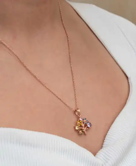 Gümüş Rose Renkli Hayat Ağacı Kadın Kolye