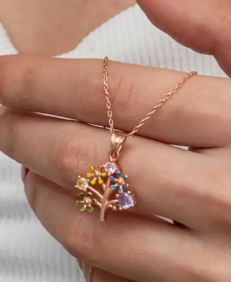Gümüş Rose Renkli Hayat Ağacı Kadın Kolye