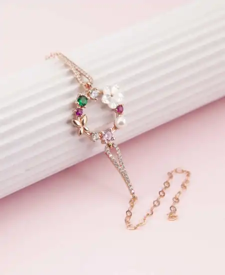 Gümüş Rose Renkli Manolya Çiçeği  Kadın Bileklik