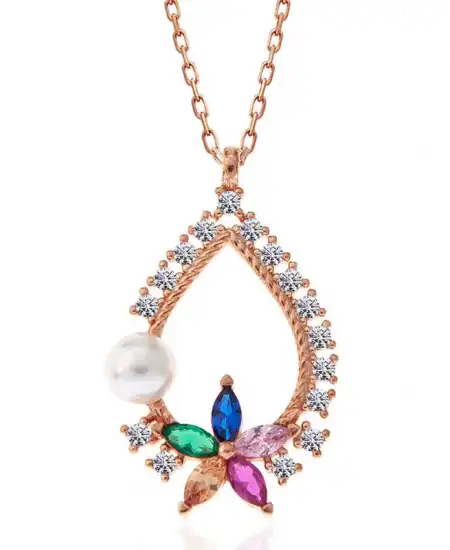 Gümüş Rose Renkli Taşlı Çiçekli Kadın Kolye