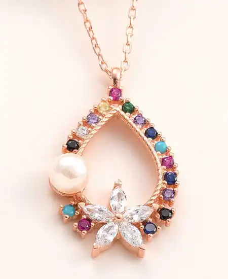 Gümüş Rose Renkli Taşlı Çiçekli Kadın Kolye