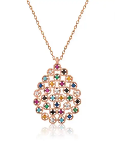 Gümüş Rose Renkli Taşlı Damla Kolye