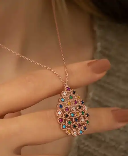 Gümüş Rose Renkli Taşlı Damla Kolye