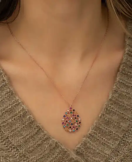Gümüş Rose Renkli Taşlı Damla Kolye