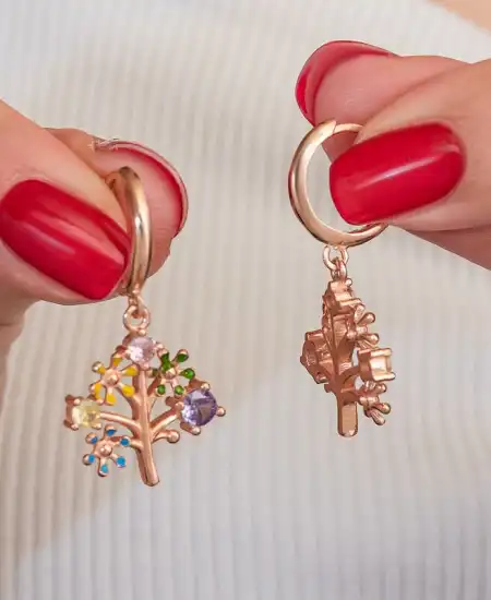 Gümüş Rose Renkli Taşlı Hayat Ağacı Kadın Küpe