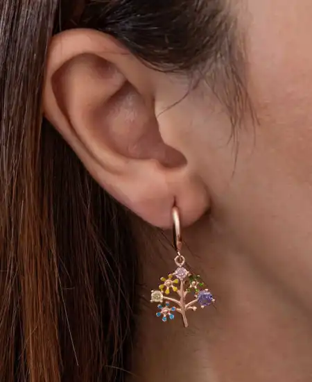 Gümüş Rose Renkli Taşlı Hayat Ağacı Kadın Küpe