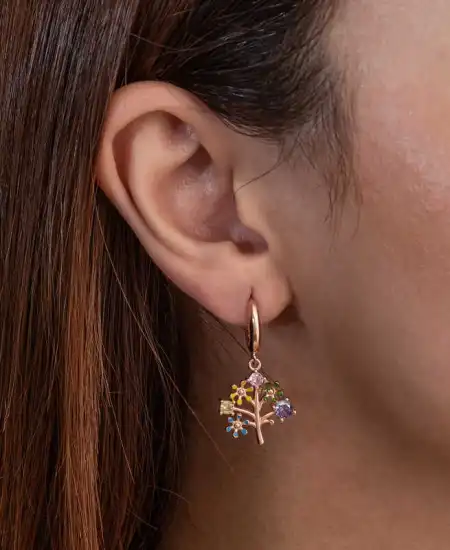Gümüş Rose Renkli Taşlı Hayat Ağacı Kadın Küpe