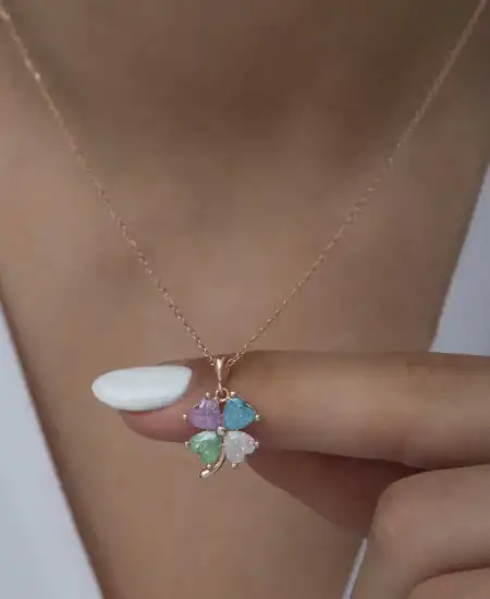 Gümüş Rose Renkli Taşlı Kalp Yonca Kadın Kolye