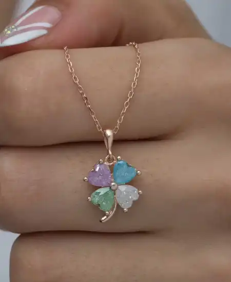 Gümüş Rose Renkli Taşlı Kalp Yonca Kadın Kolye