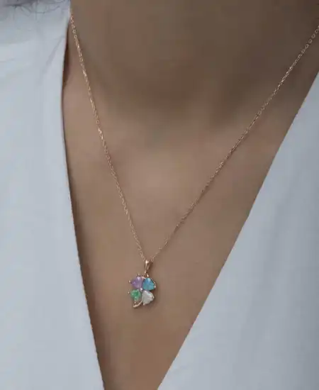 Gümüş Rose Renkli Taşlı Kalp Yonca Kadın Kolye