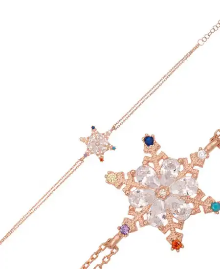 Gümüş Rose Renkli Taşlı Kar Tanesi Kadın Bileklik